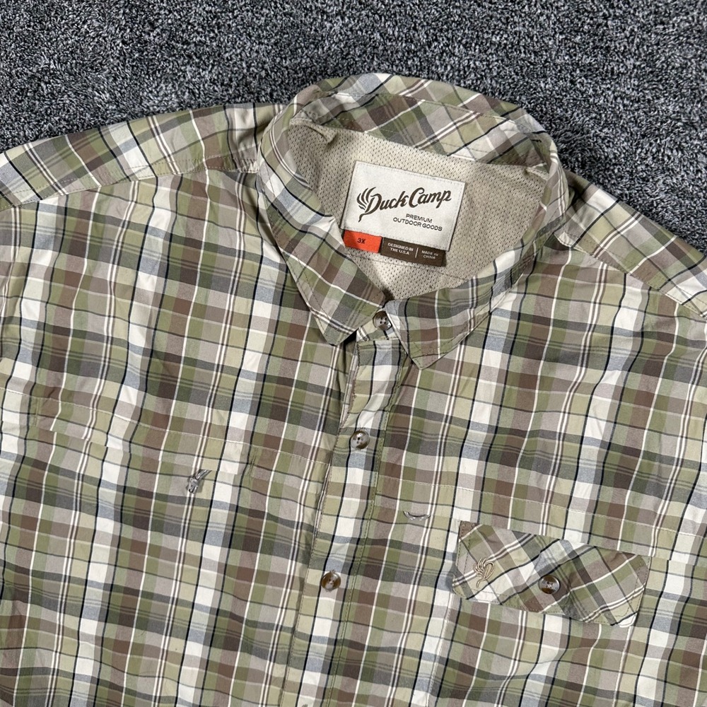 Duck Camp Fishing Shirt Mens 3X Green Brown Short Sleeve Plaid Performance